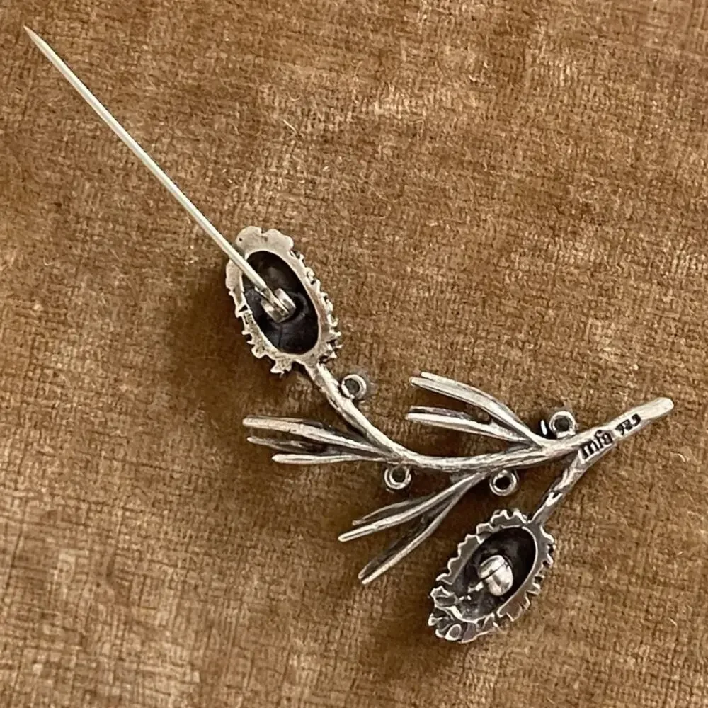 Vintage MFA Museum of Fine Arts Sterling Silver Pine Cone Bough Blue Pin Brooch